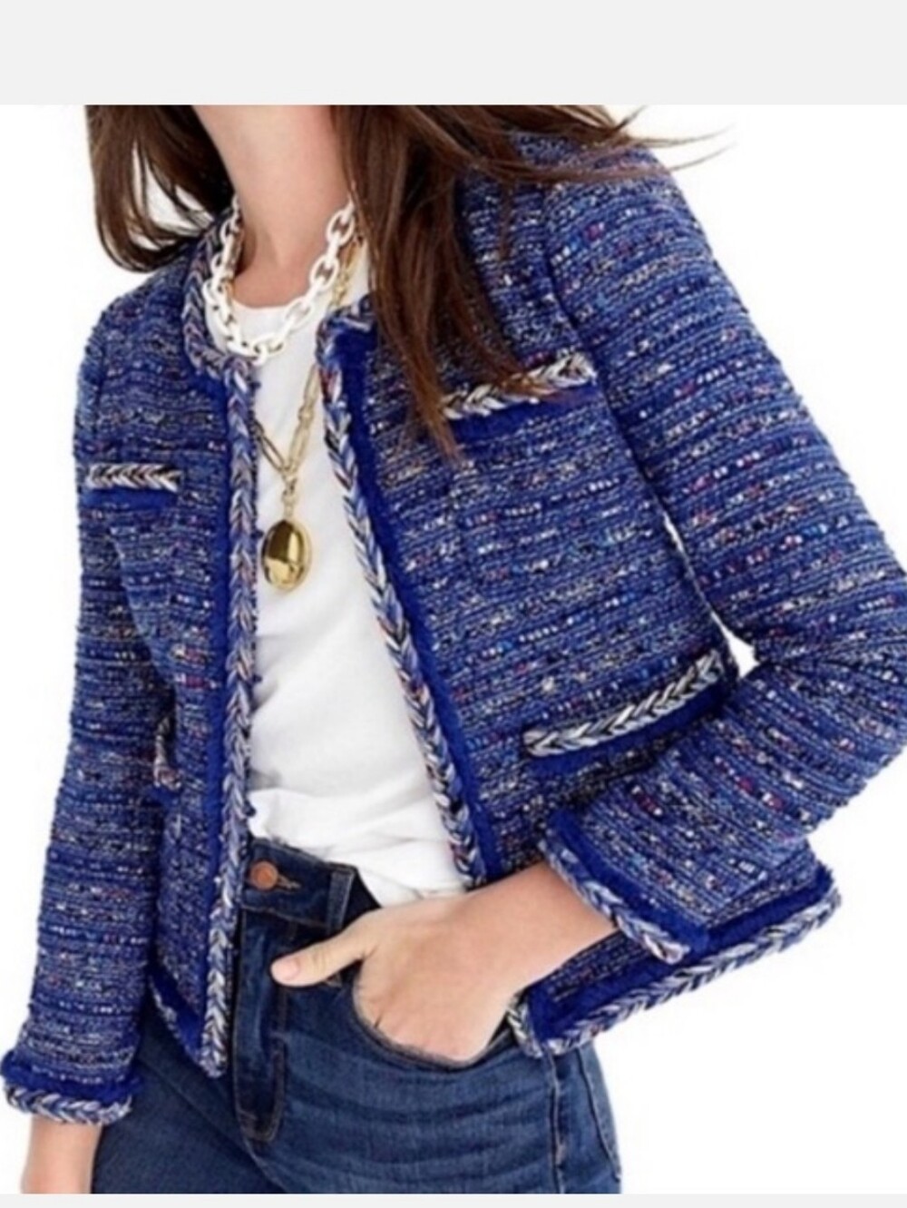 J.Crew Cropped Bouclé Jacket in Vibrant Blue Tweed